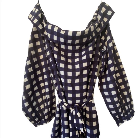 Banana Republic navy gingham off shoulder belted long sleeve dress - Picture 4 of 7